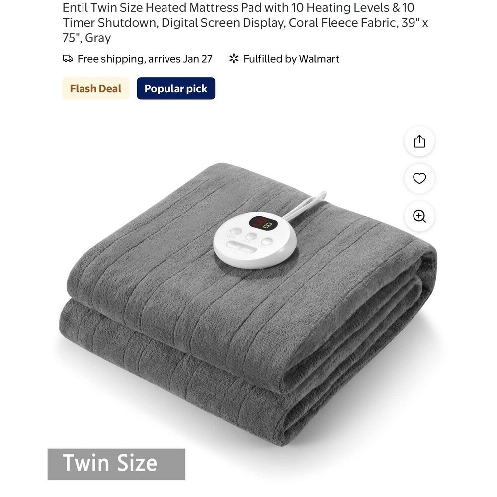 Maxkare Twin Heated Mattress Pad, 10 Levels, Fleece Fabric, 39" x 75", Gray